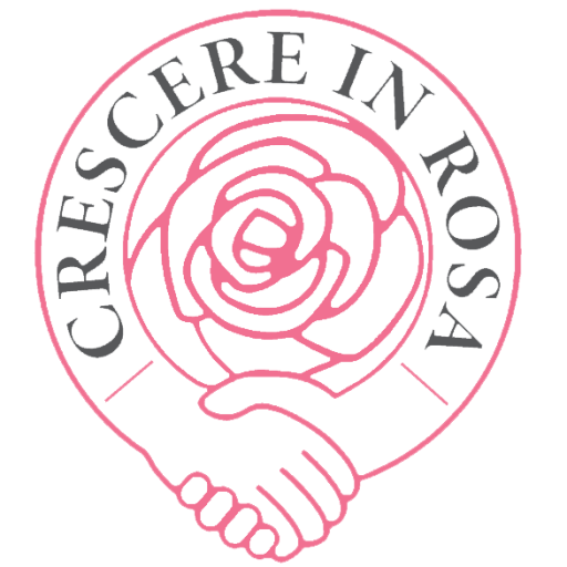 Logo Crescere in Rosa: una rosa e due mani che si stringono